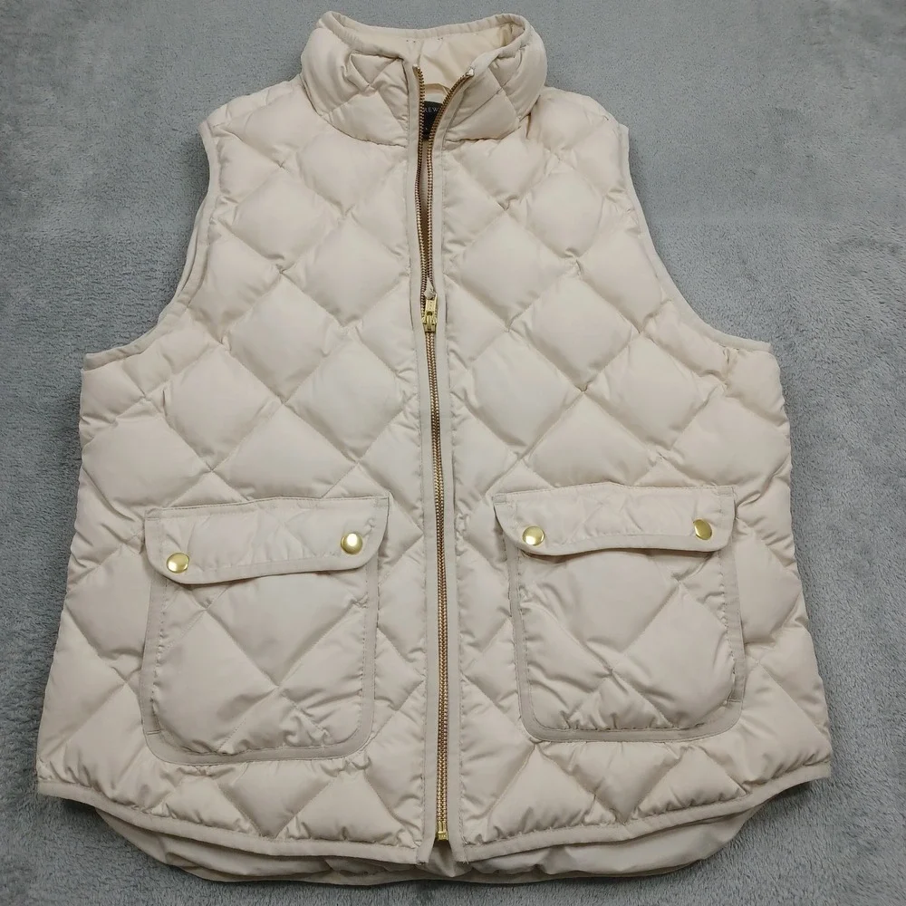 J Crew Vest Womens Large Beige Quilted Pockets Full Zip Casual Preppy